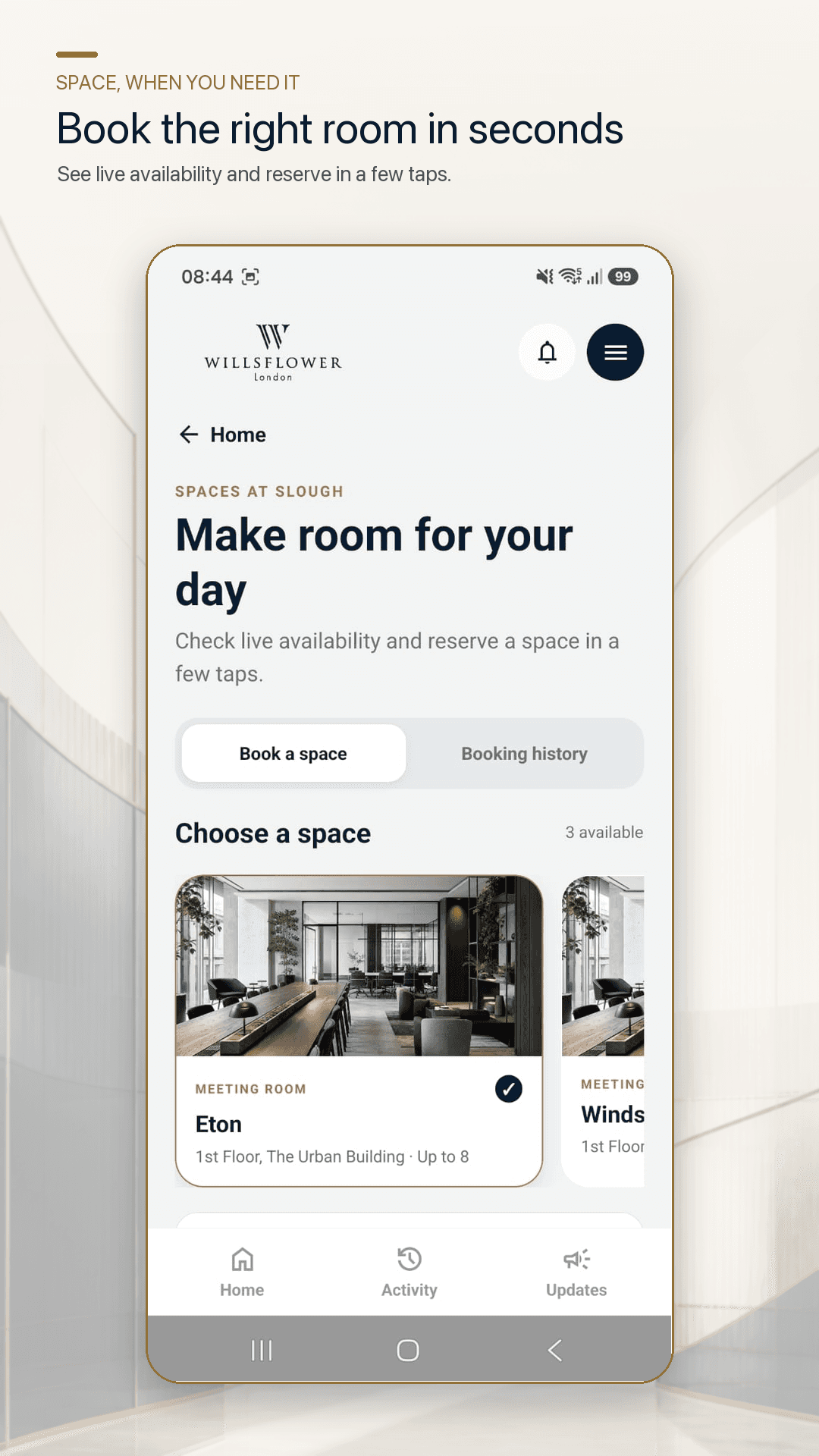 Willsflower App room booking screen